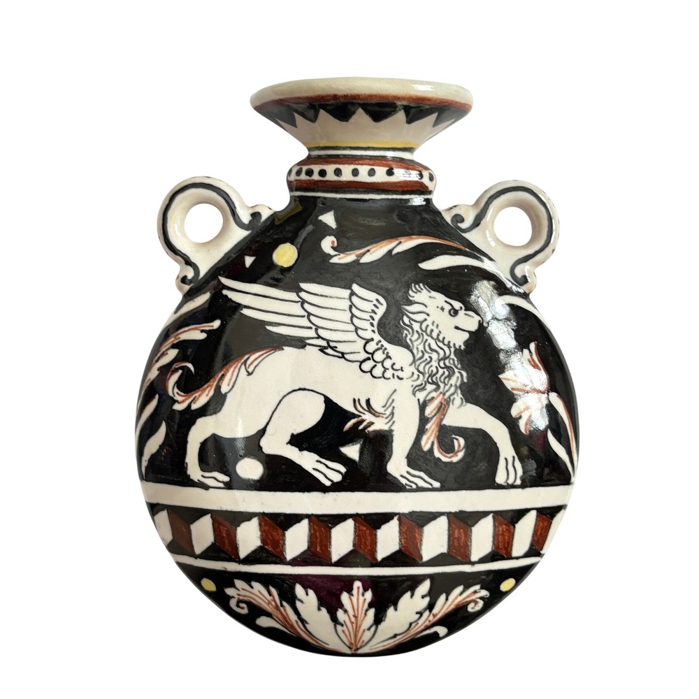 S. Volpi Deruta Siena Winged Lion Majolica Pottery Flat Vase Italy Hand Painted